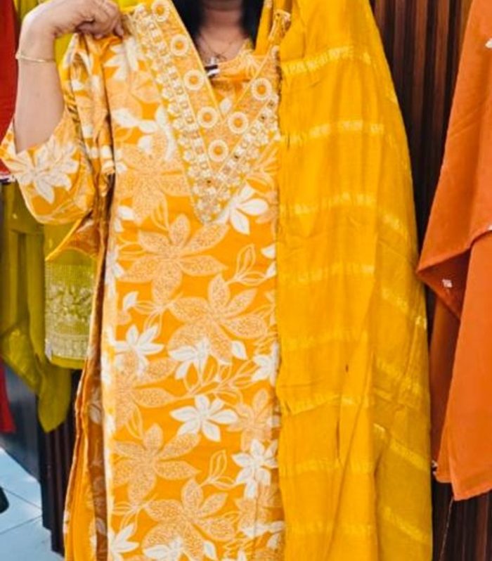Mustard Yellow -Floral Imported Fabric Salwar Set