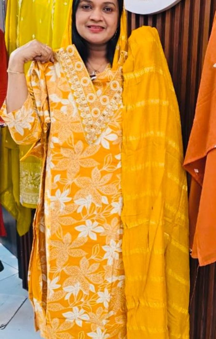 Mustard Yellow -Floral Imported Fabric Salwar Set