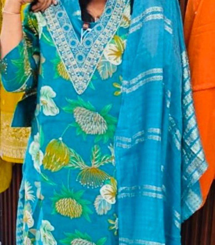 Teal Blue -Floral Imported Fabric Salwar Set