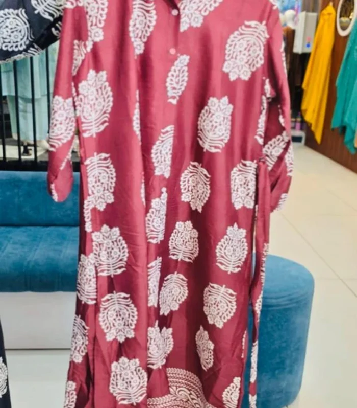 Maroon & White Printed Delta Fabric Long Top