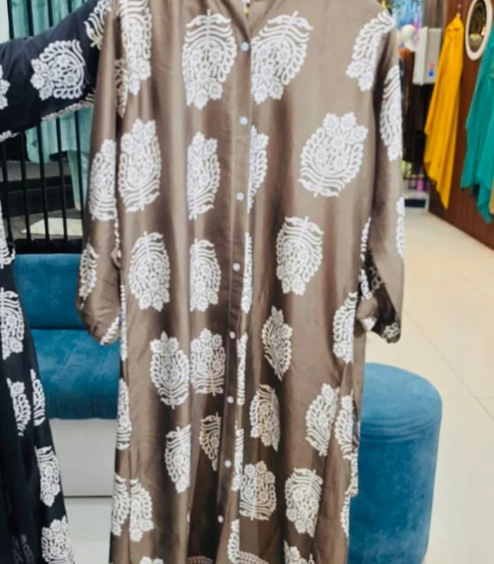 Brown & White Printed Delta Fabric Long Top