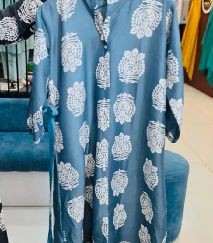 Blue & White Printed Delta Fabric Long Top