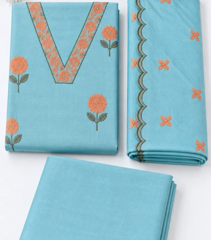 Dusty Sky Blue Floral Embroidered Mal Chanderi Ready-to-Wear Churidar Set