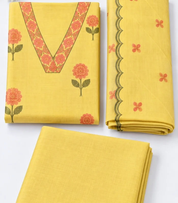Mustard Yellow Floral Embroidered Mal Chanderi Ready-to-Wear Churidar Set