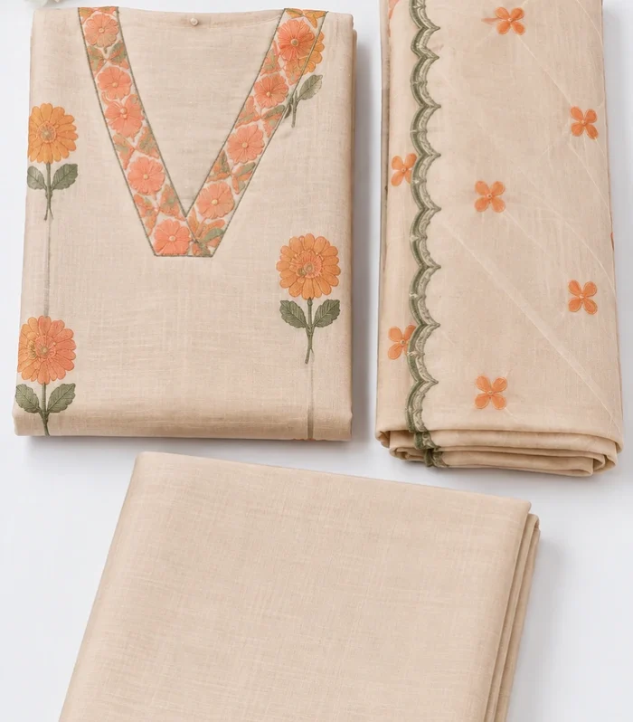 Nude Beige Embroidered Mal Chanderi Ready-to-Wear Churidar Set