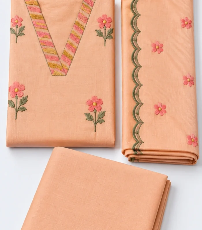 Peach Beige Floral Embroidered Mal Chanderi Ready-to-Wear Churidar Set