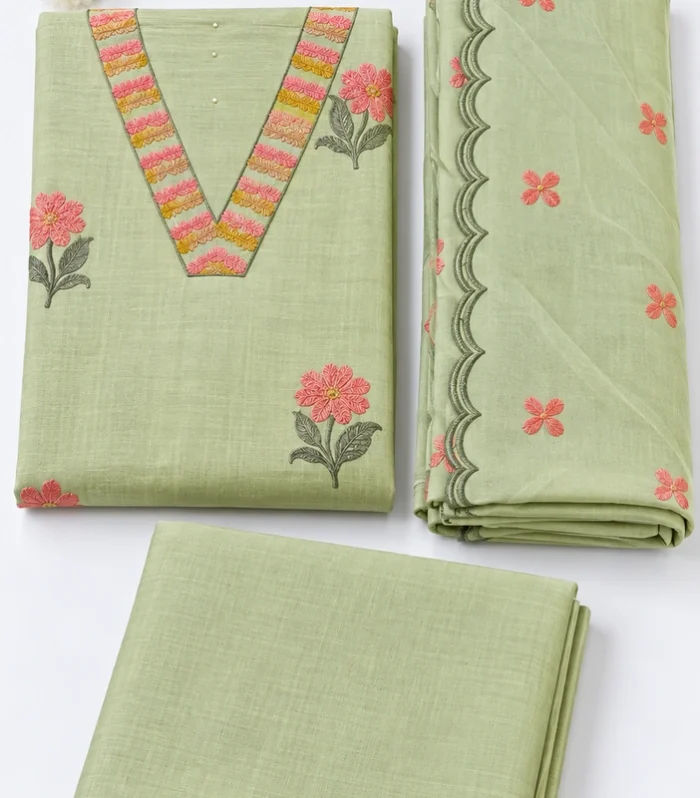 Sage Green Floral Embroidered Mal Chanderi Ready-to-Wear Churidar Set