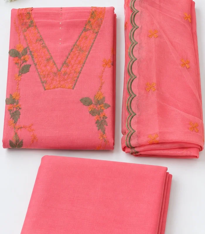 Deep Rose Embroidered Mal Chanderi Ready-to-Wear Churidar Set