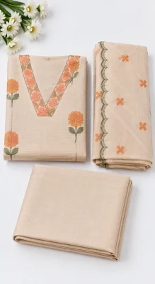 1_Nude Beige Embroidered Mal Chanderi Ready-to-Wear Churidar Set