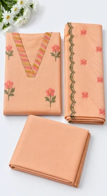 1_Peach Beige Floral Embroidered Mal Chanderi Ready-to-Wear Churidar Set